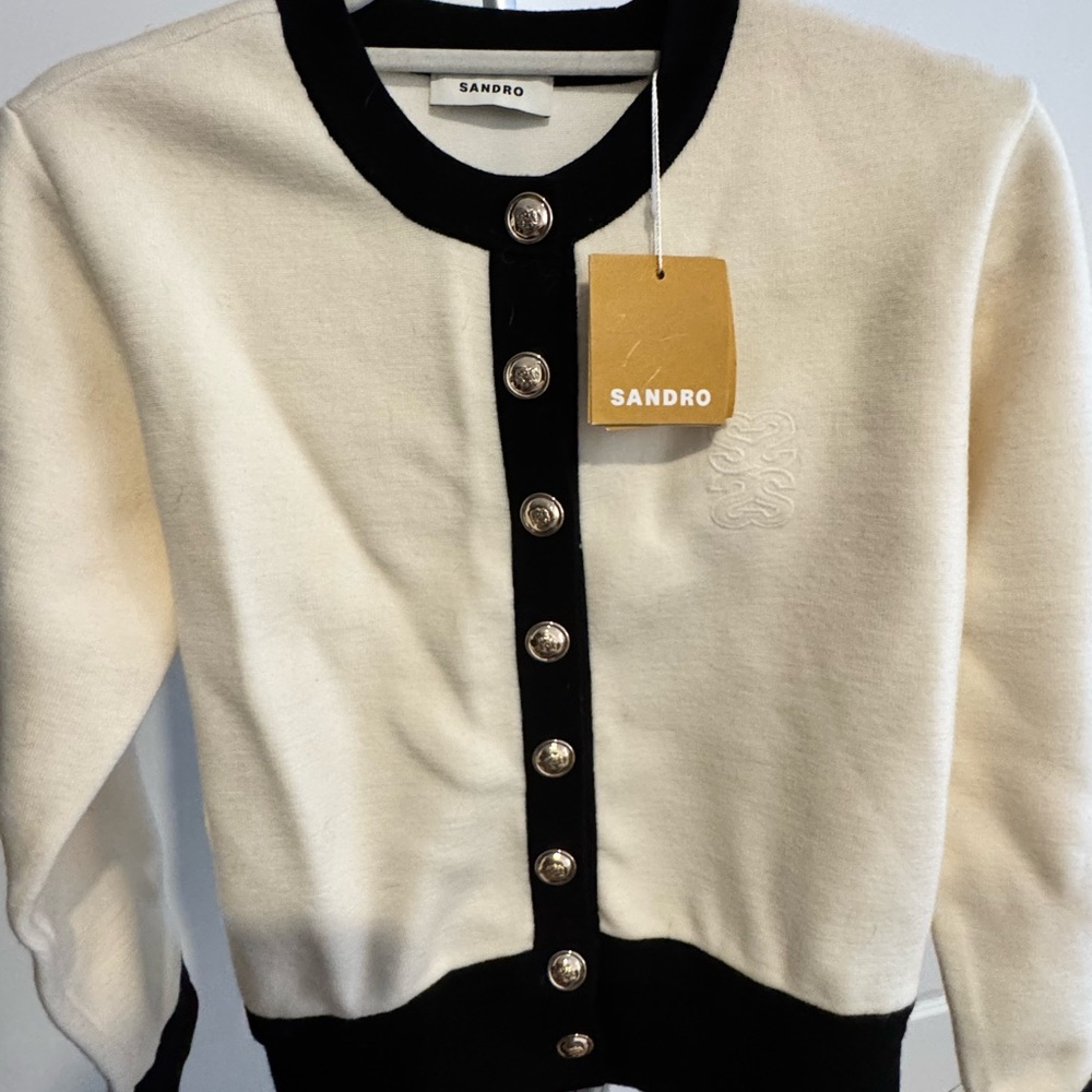 NWT SANDRO Monaco cropped cardigan- ecru and black